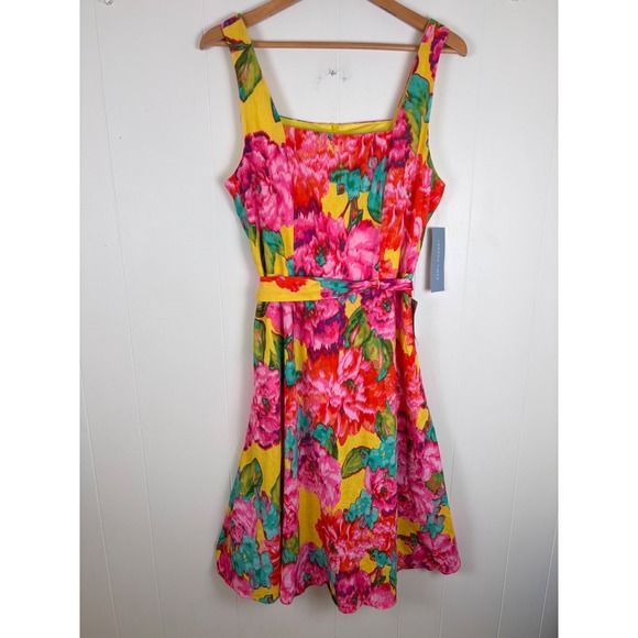 London Times Linen Blend Floral Print Dress Sleeveless Sundress‎ Sz 14 Colorful - Picture 1 of 12